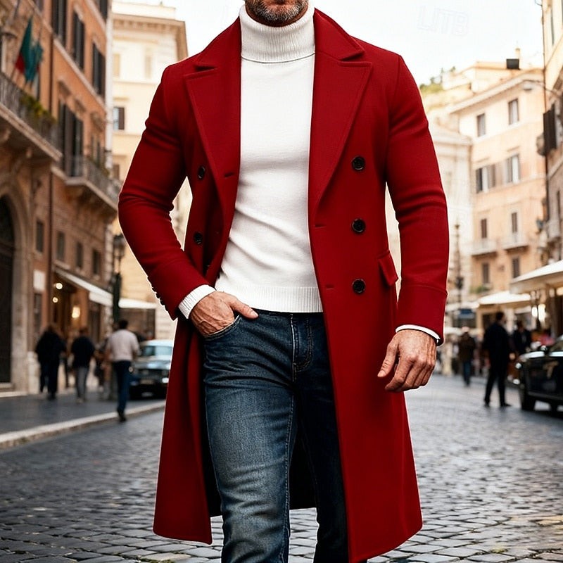 Classic Mens Long Wool Blend Trench Coat with Notched Lapel and Button Front