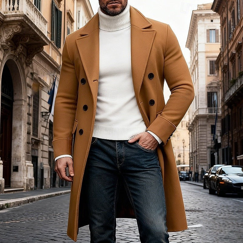 Classic Mens Long Wool Blend Trench Coat with Notched Lapel and Button Front