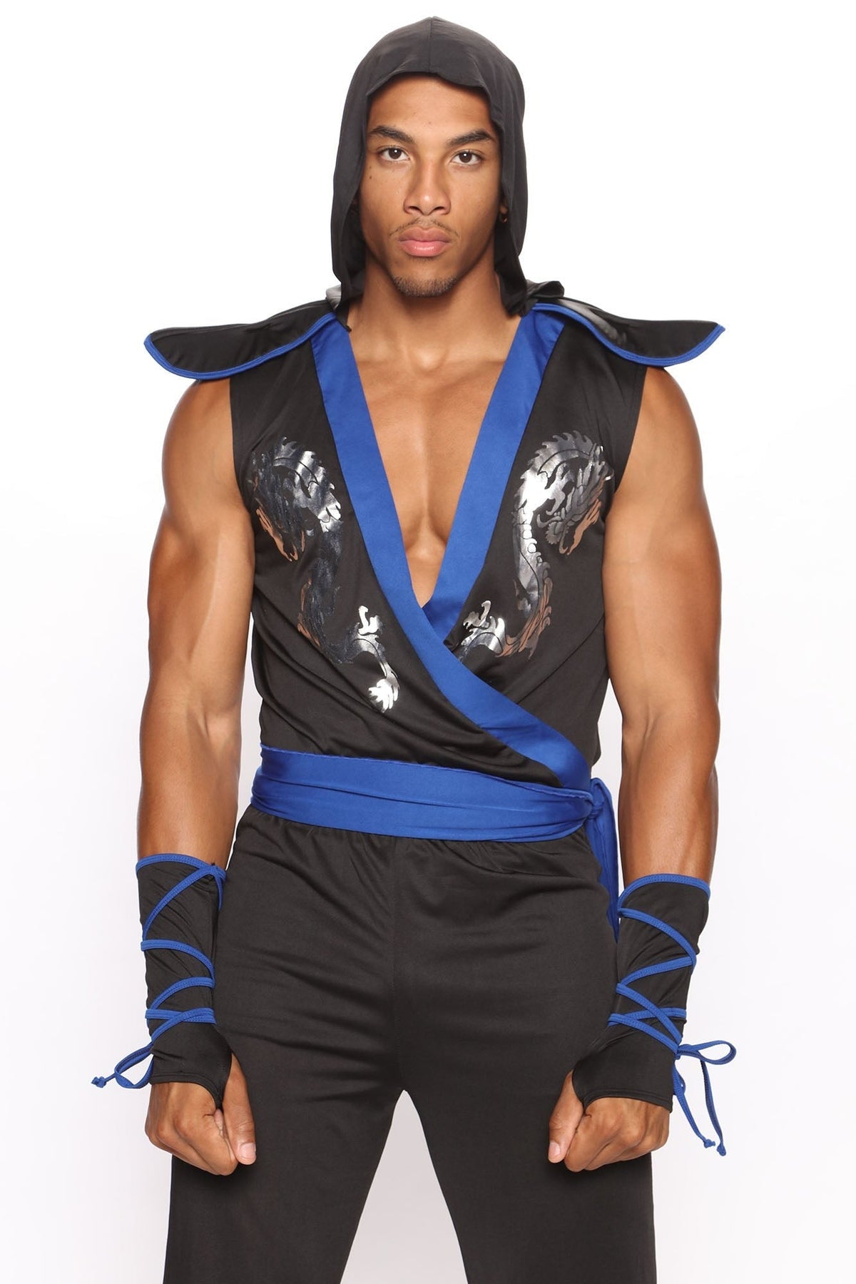 Mens Martial Arts Ninja Warrior Costume with Printed Dragon Tunic and Mask