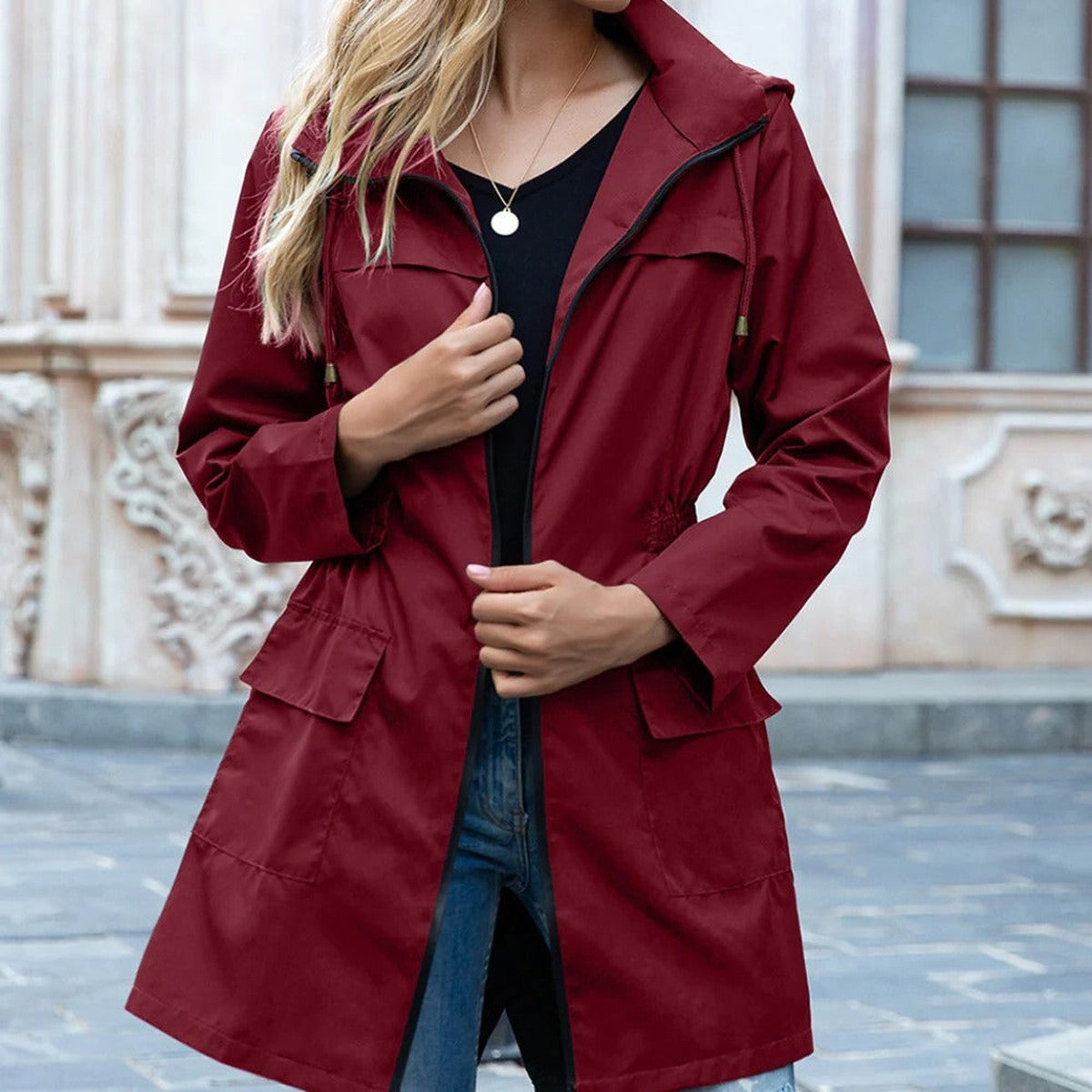 Long Hooded Trench Coat for Women with Zipper Closure and Drawstring Waist