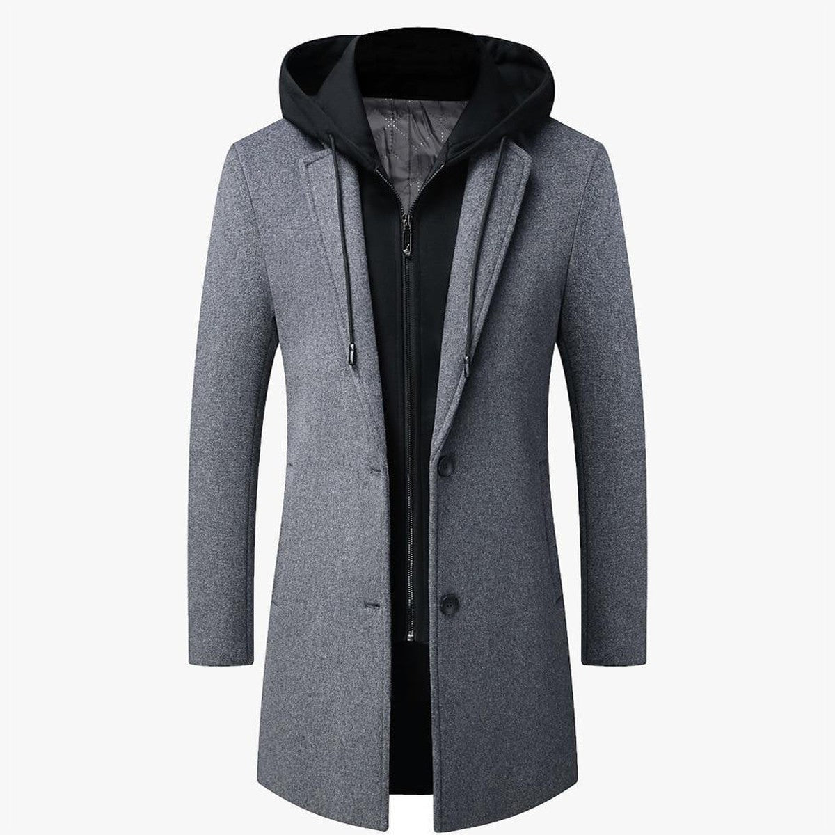 Men Wool Blend Trench Coat with Detachable Hood and Button Closure