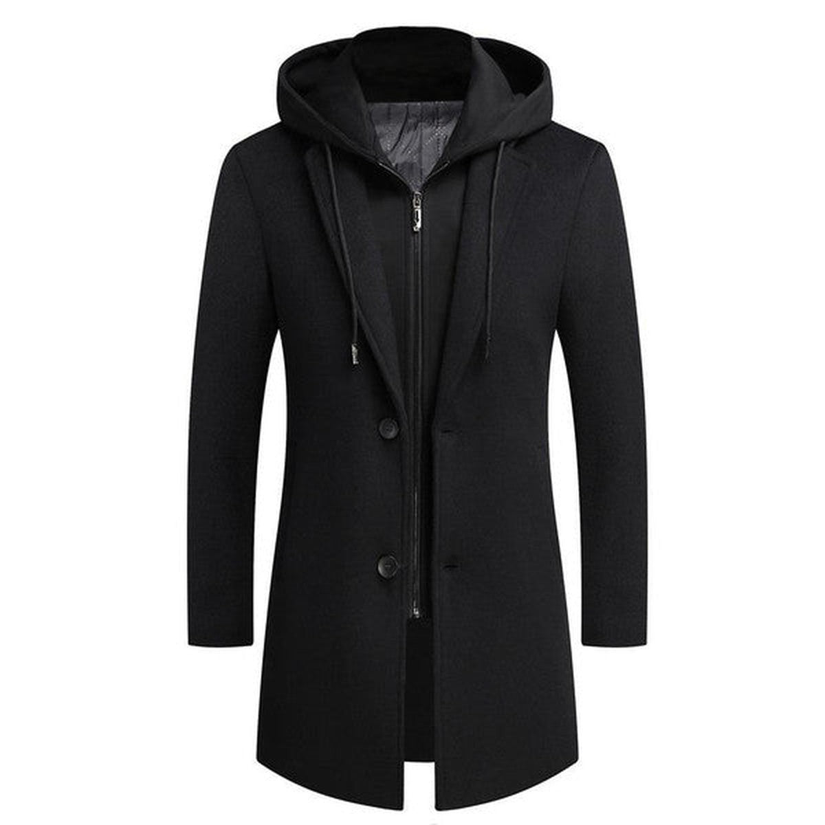 Men Wool Blend Trench Coat with Detachable Hood and Button Closure