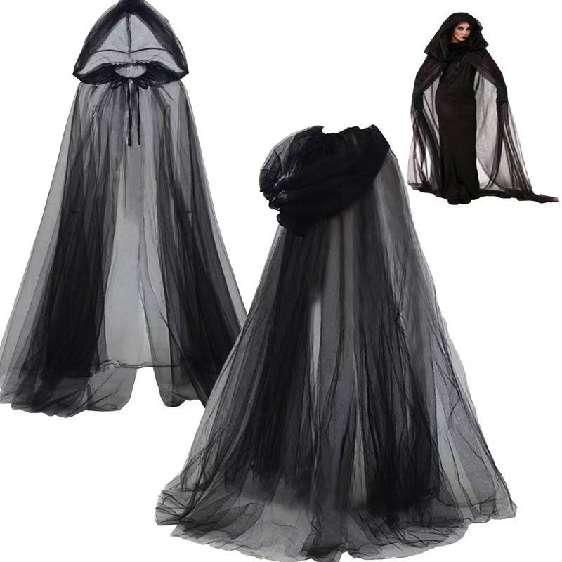 Hooded Mesh Cloak with Self Tying Loop, Inch Floor Length for Costume Events