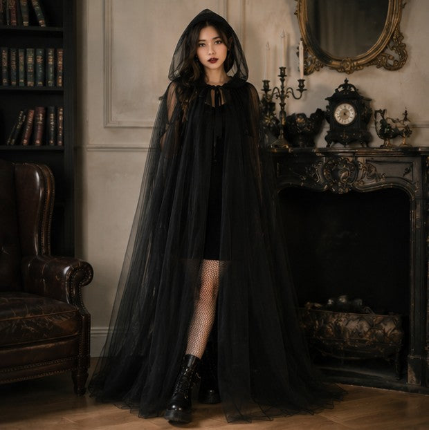 Hooded Mesh Cloak with Self Tying Loop, Inch Floor Length for Costume Events