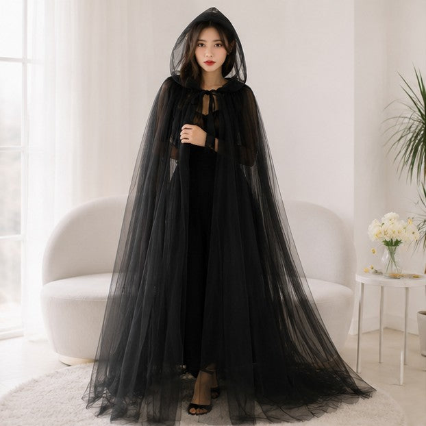 Hooded Mesh Cloak with Self Tying Loop, Inch Floor Length for Costume Events