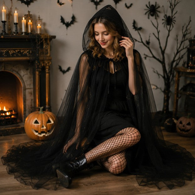 Hooded Mesh Cloak with Self Tying Loop, Inch Floor Length for Costume Events
