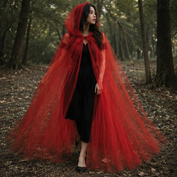 Hooded Mesh Cloak with Self Tying Loop, Inch Floor Length for Costume Events