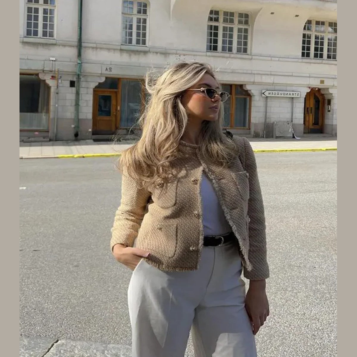 Short Sleeve Blazer Jacket with Gold Tone Decorative Buttons