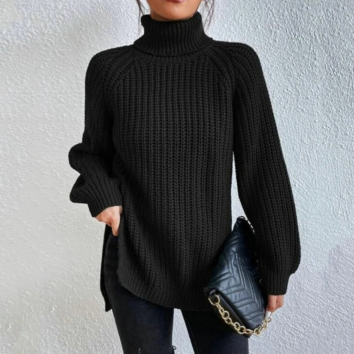 Womens Chunky Knit Turtleneck Sweater with Decorative Button Accents