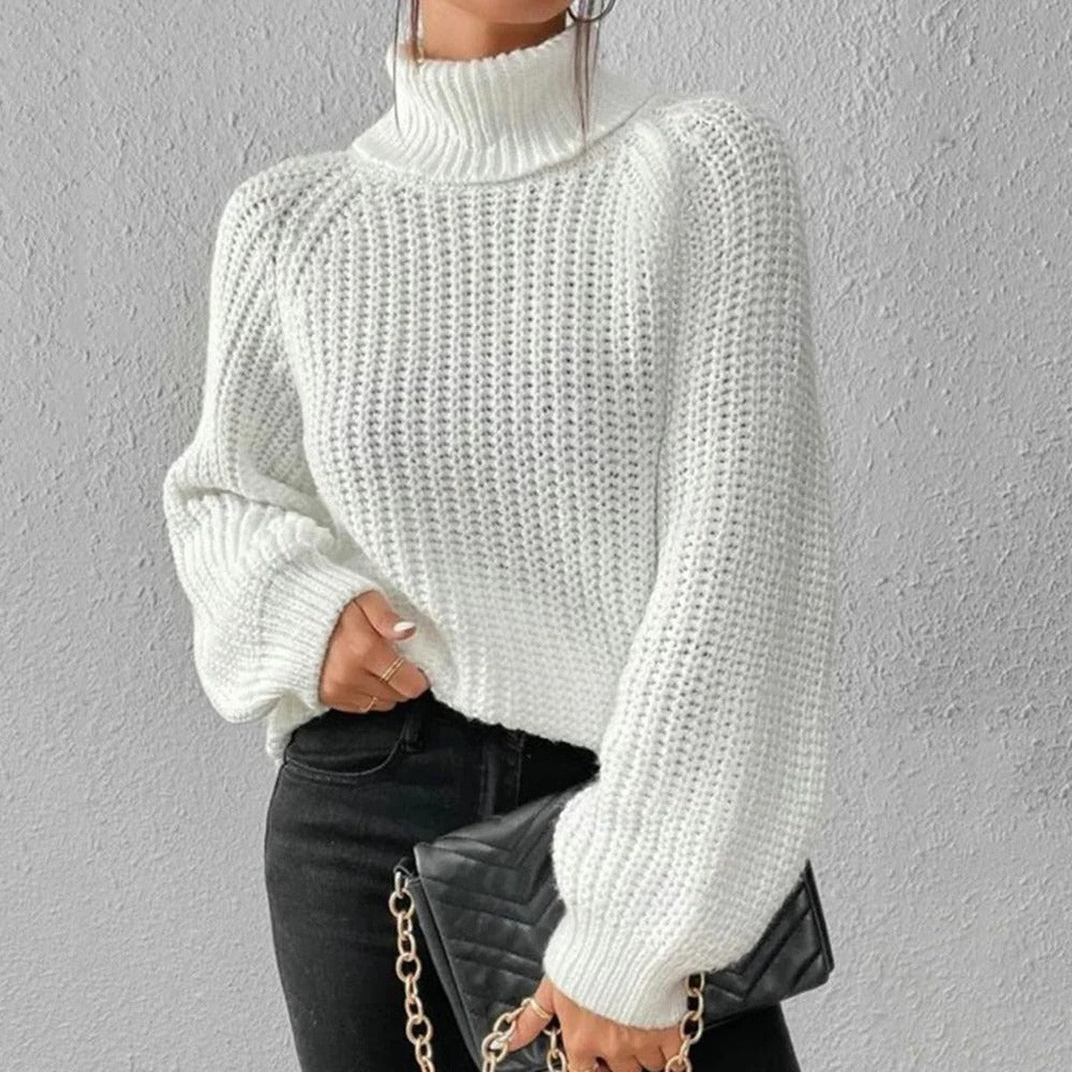 Womens Chunky Knit Turtleneck Sweater with Decorative Button Accents
