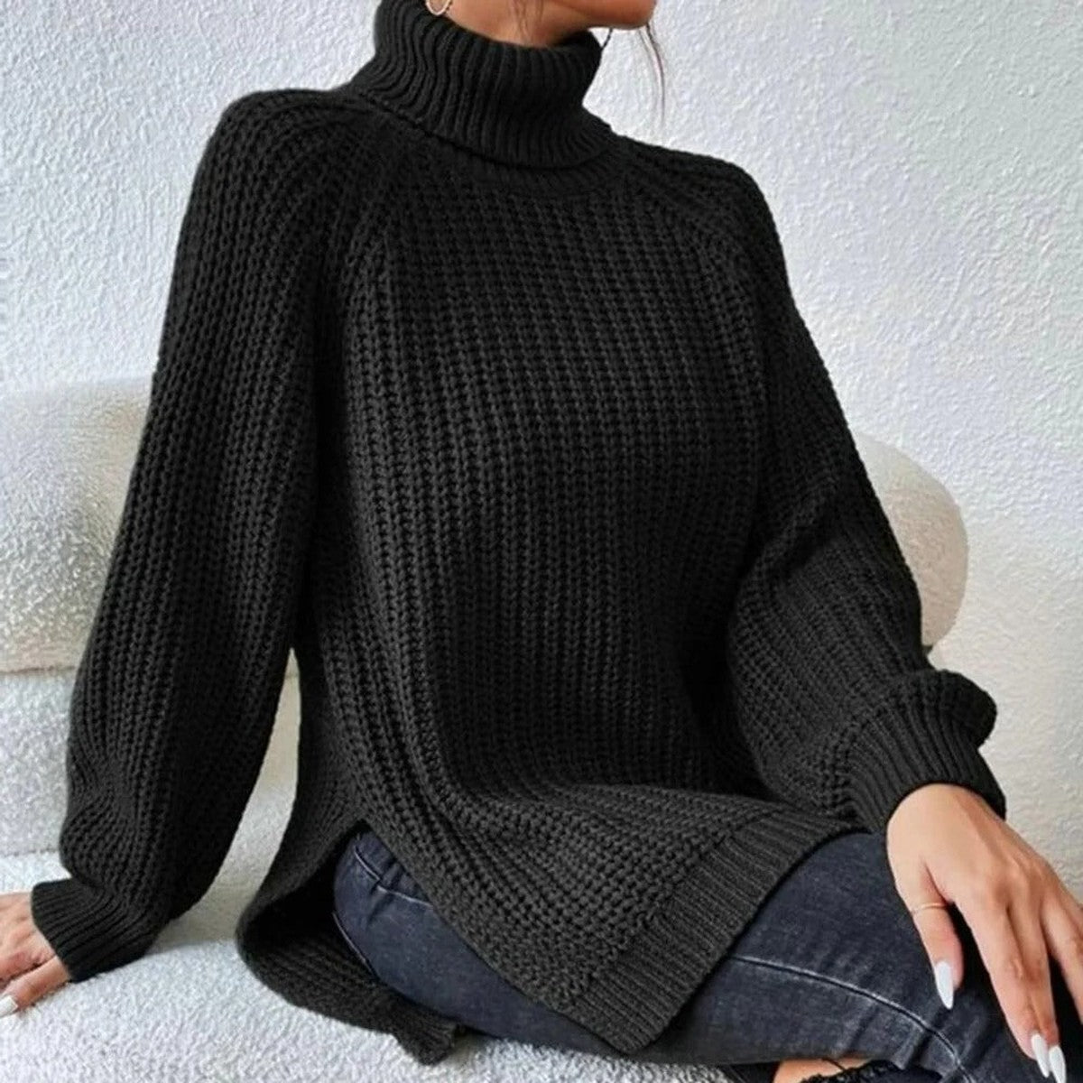 Womens Chunky Knit Turtleneck Sweater with Decorative Button Accents