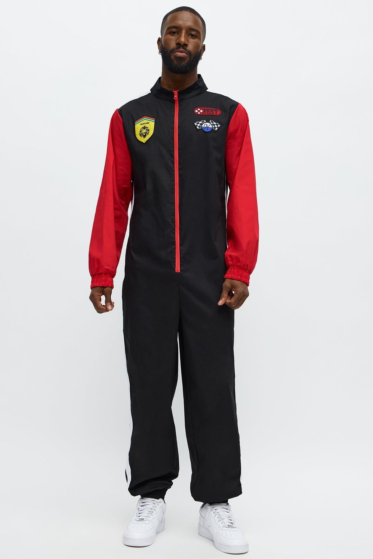 Mens Black Racing Jumpsuit with Checkerboard Collar and Sponsor Patches