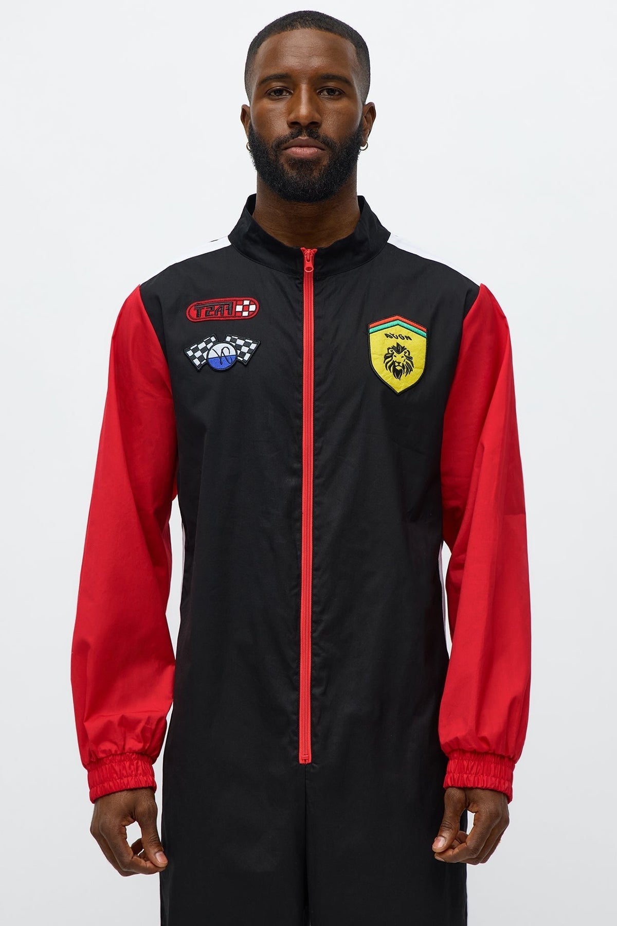 Mens Black Racing Jumpsuit with Checkerboard Collar and Sponsor Patches