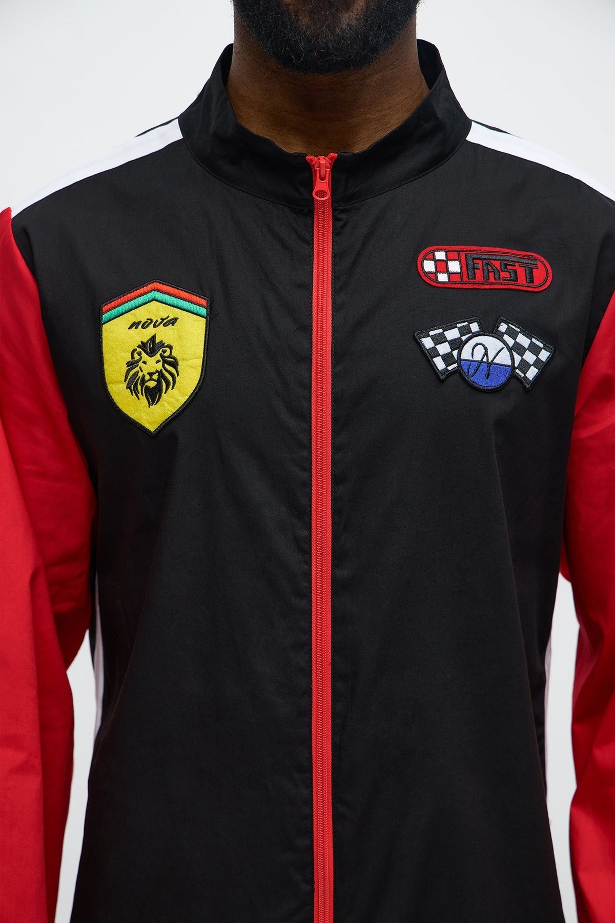 Mens Black Racing Jumpsuit with Checkerboard Collar and Sponsor Patches