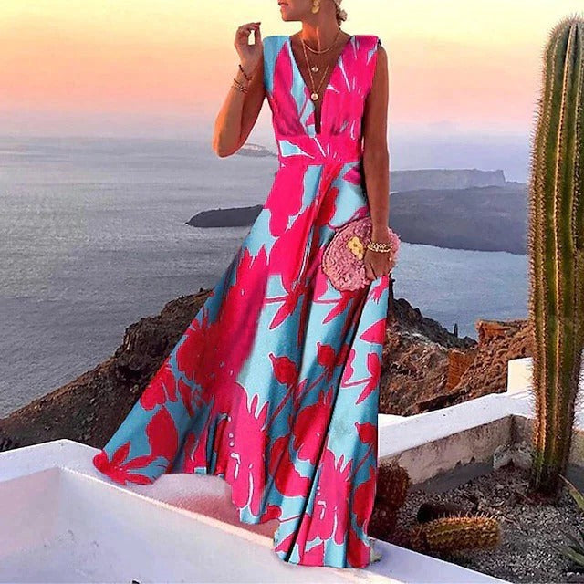 Casual Sleeveless Maxi Dress with Vibrant Abstract Print