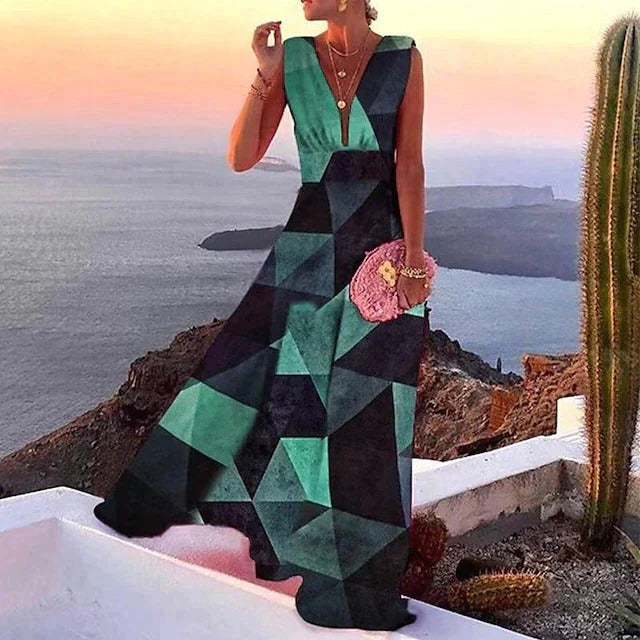 Casual Sleeveless Maxi Dress with Vibrant Abstract Print