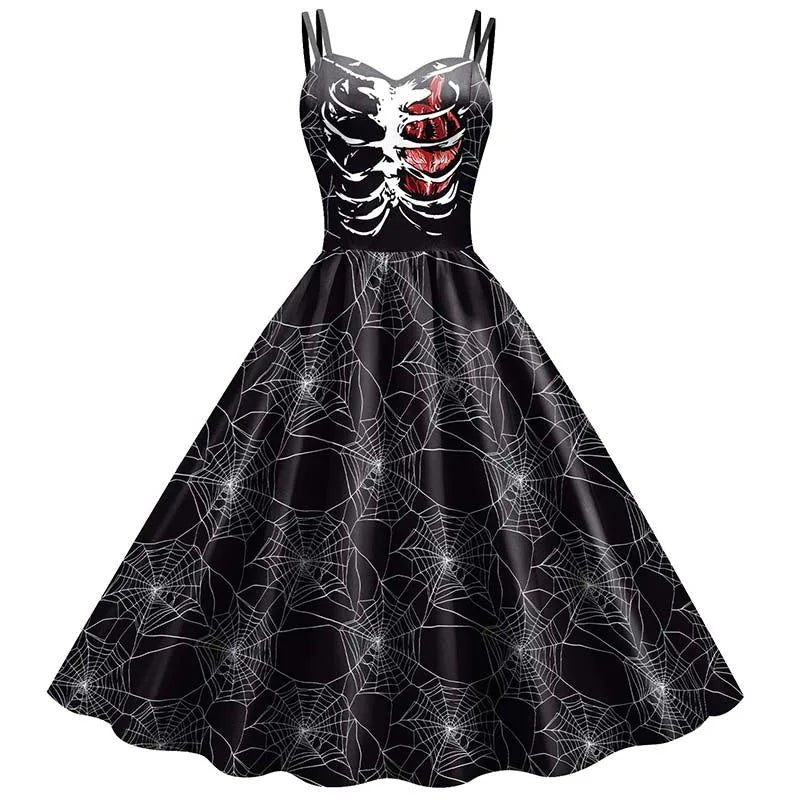 Skeleton Rose A Line Halter Dress with Fitted Bodice and Flowing Skirt