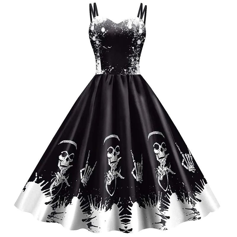 Skeleton Rose A Line Halter Dress with Fitted Bodice and Flowing Skirt