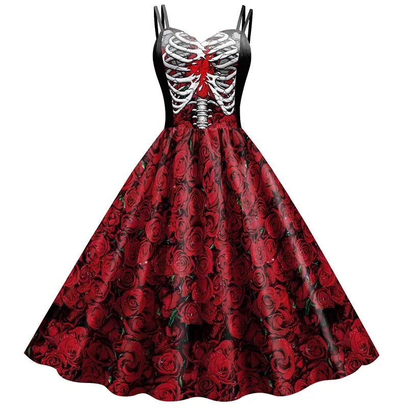 Skeleton Rose A Line Halter Dress with Fitted Bodice and Flowing Skirt