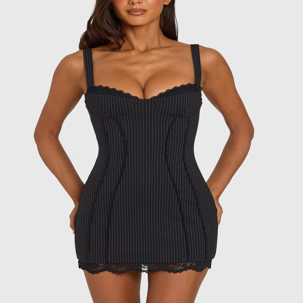 Sleeveless Striped Mini Dress with White Lace Trim and Peekaboo Cutout