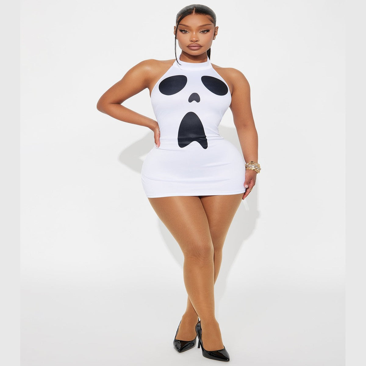 Ghost Print Bodycon Mini Dress for Halloween Party Costumes