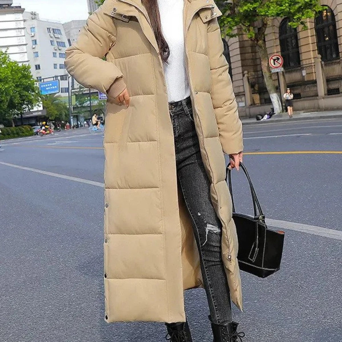 Long Quilted Puffer Coat with Hood and Ribbed Knit Cuffs