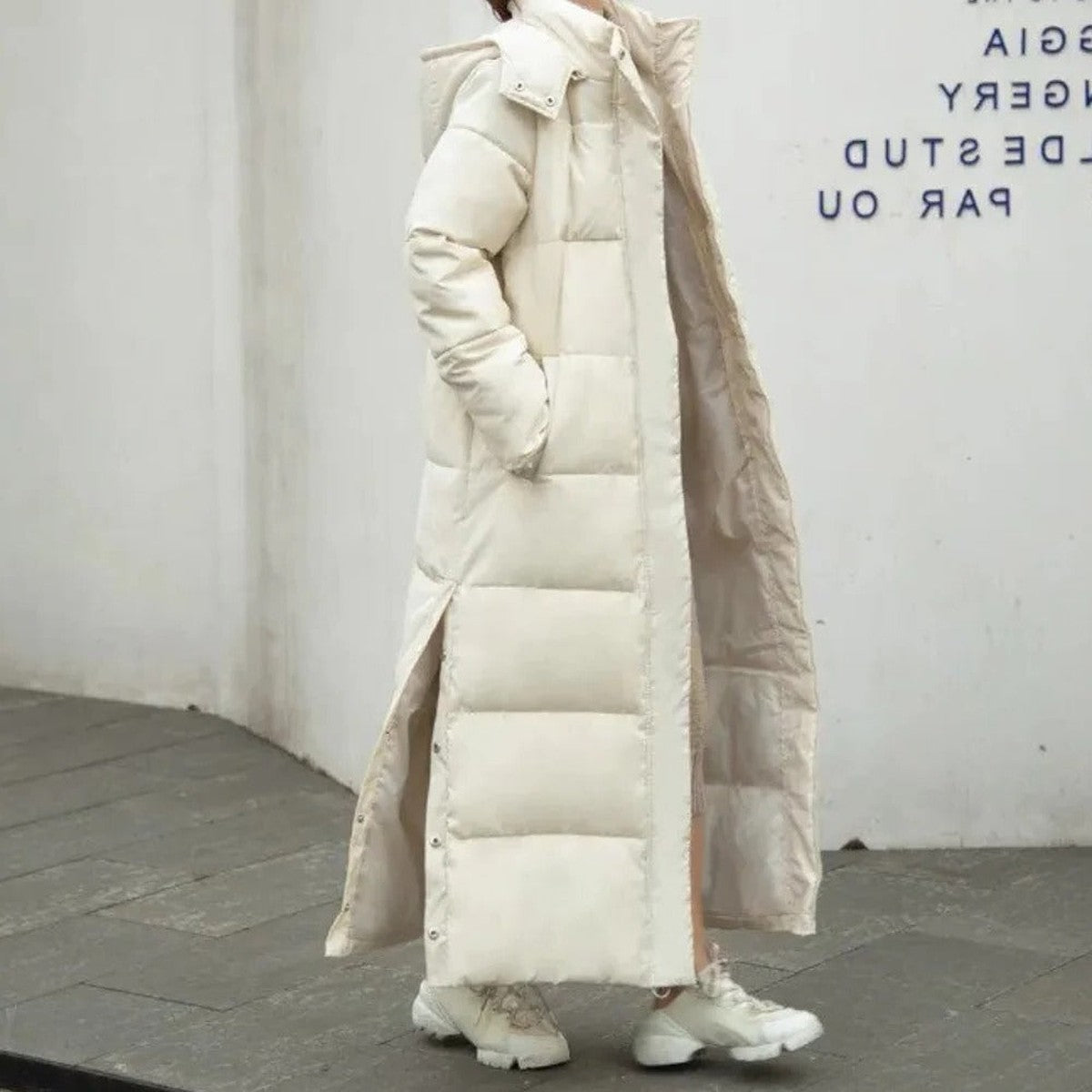 Long Quilted Puffer Coat with Hood and Ribbed Knit Cuffs