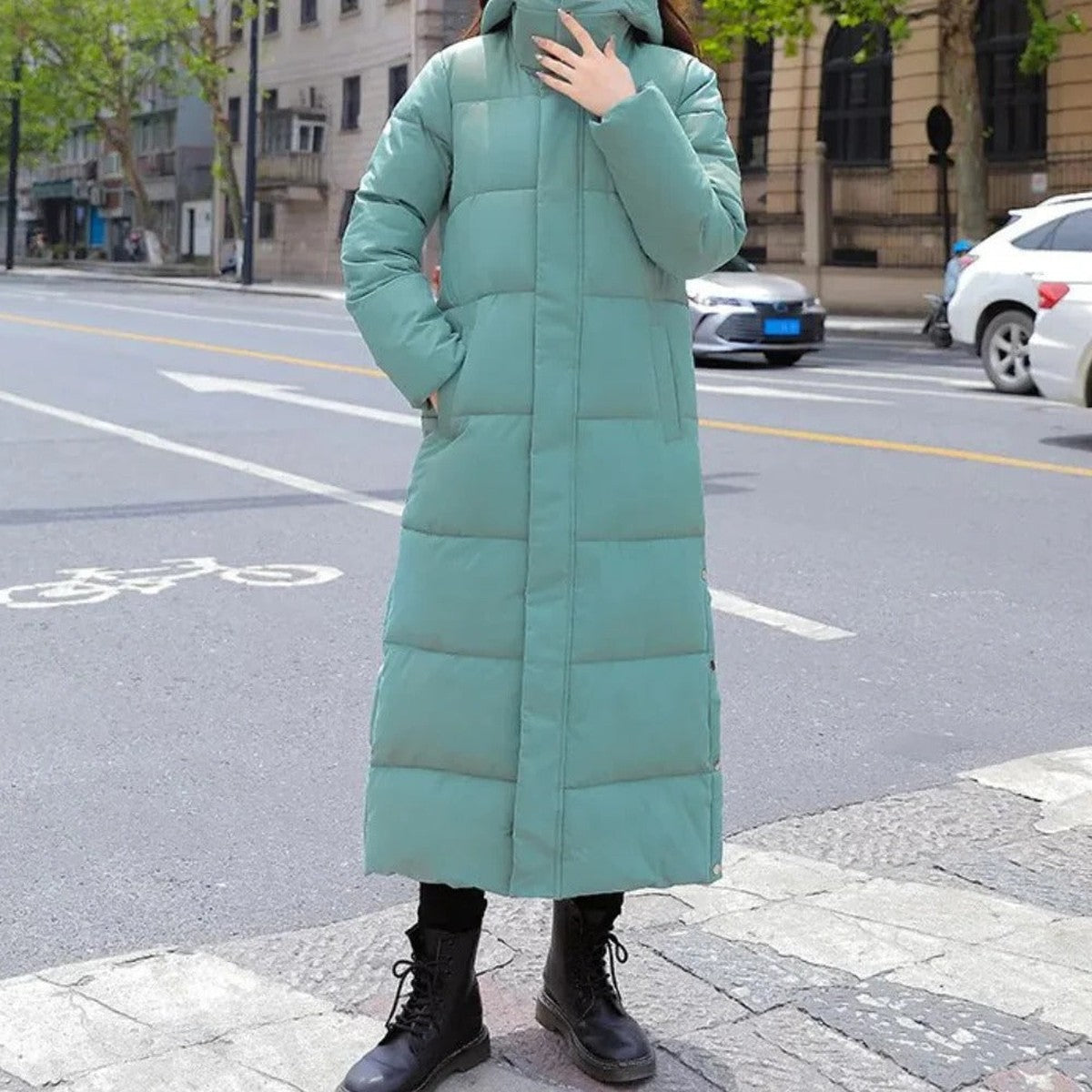 Long Quilted Puffer Coat with Hood and Ribbed Knit Cuffs