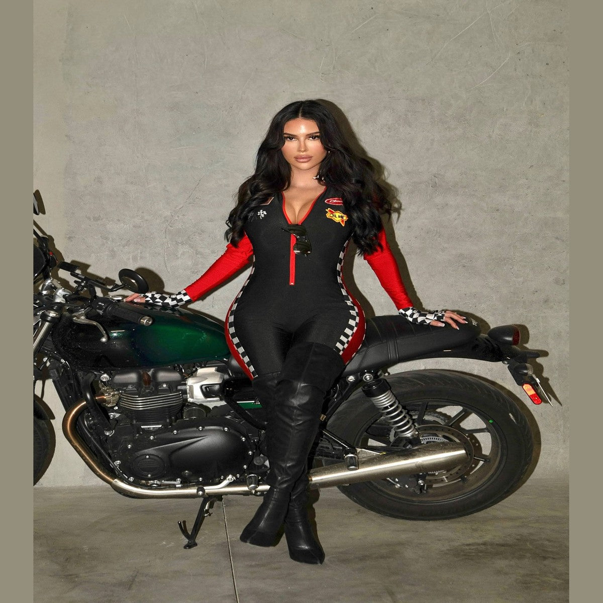 Women Racecar Driver Bodysuit Costume with Checkered Flag and Sunglasses