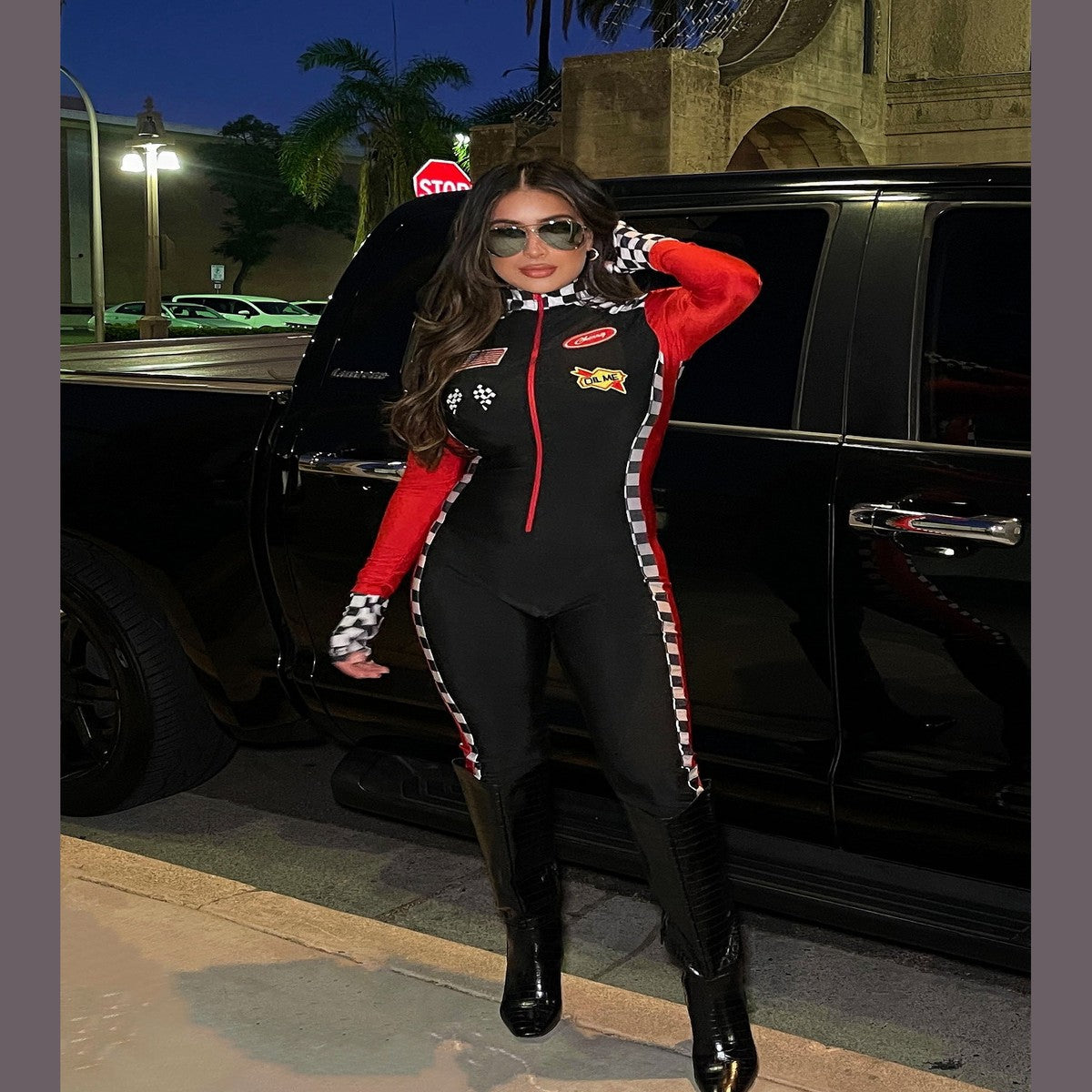 Women Racecar Driver Bodysuit Costume with Checkered Flag and Sunglasses