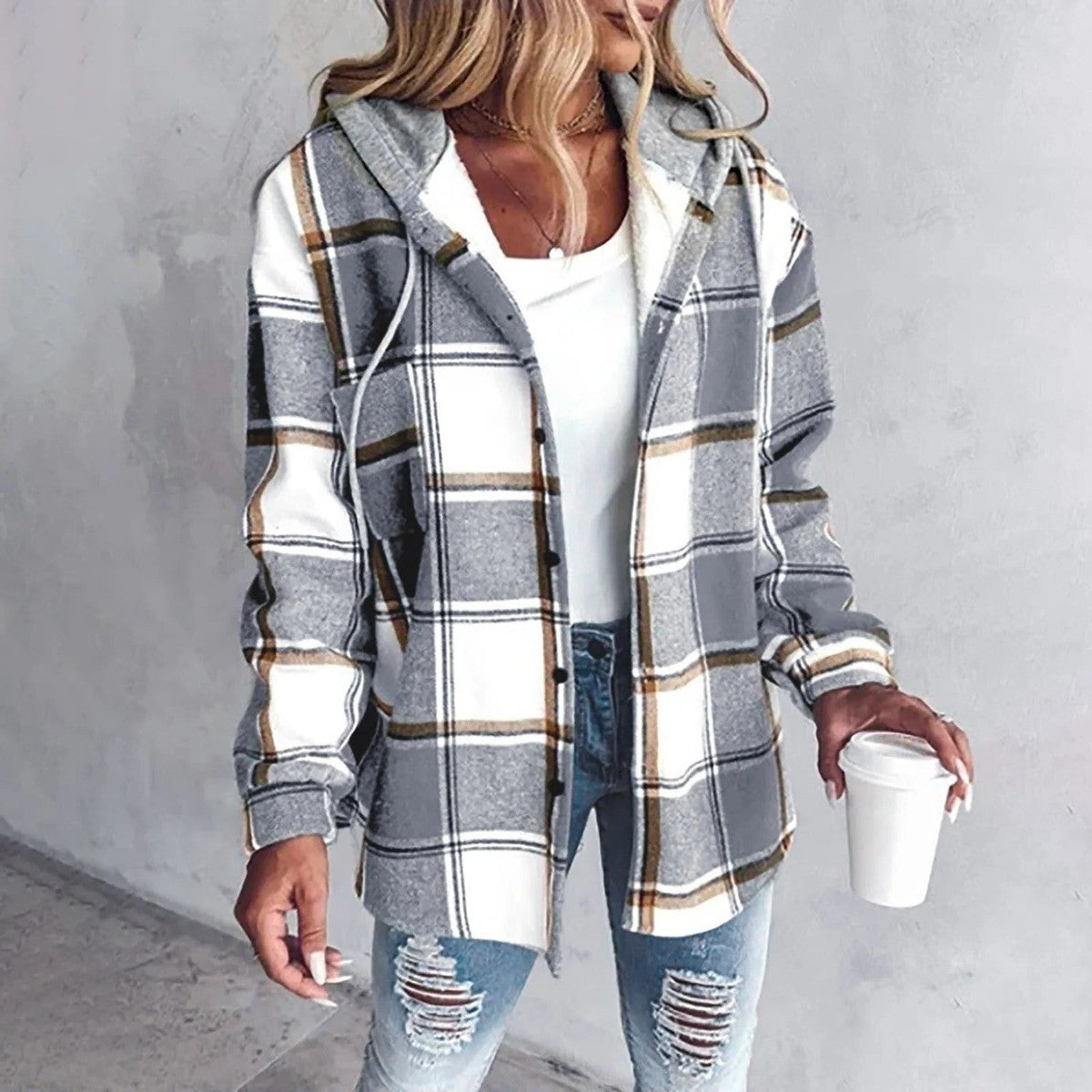 Long Sleeve Chunky Knit Cardigan Sweater with Plaid Print and Open Front