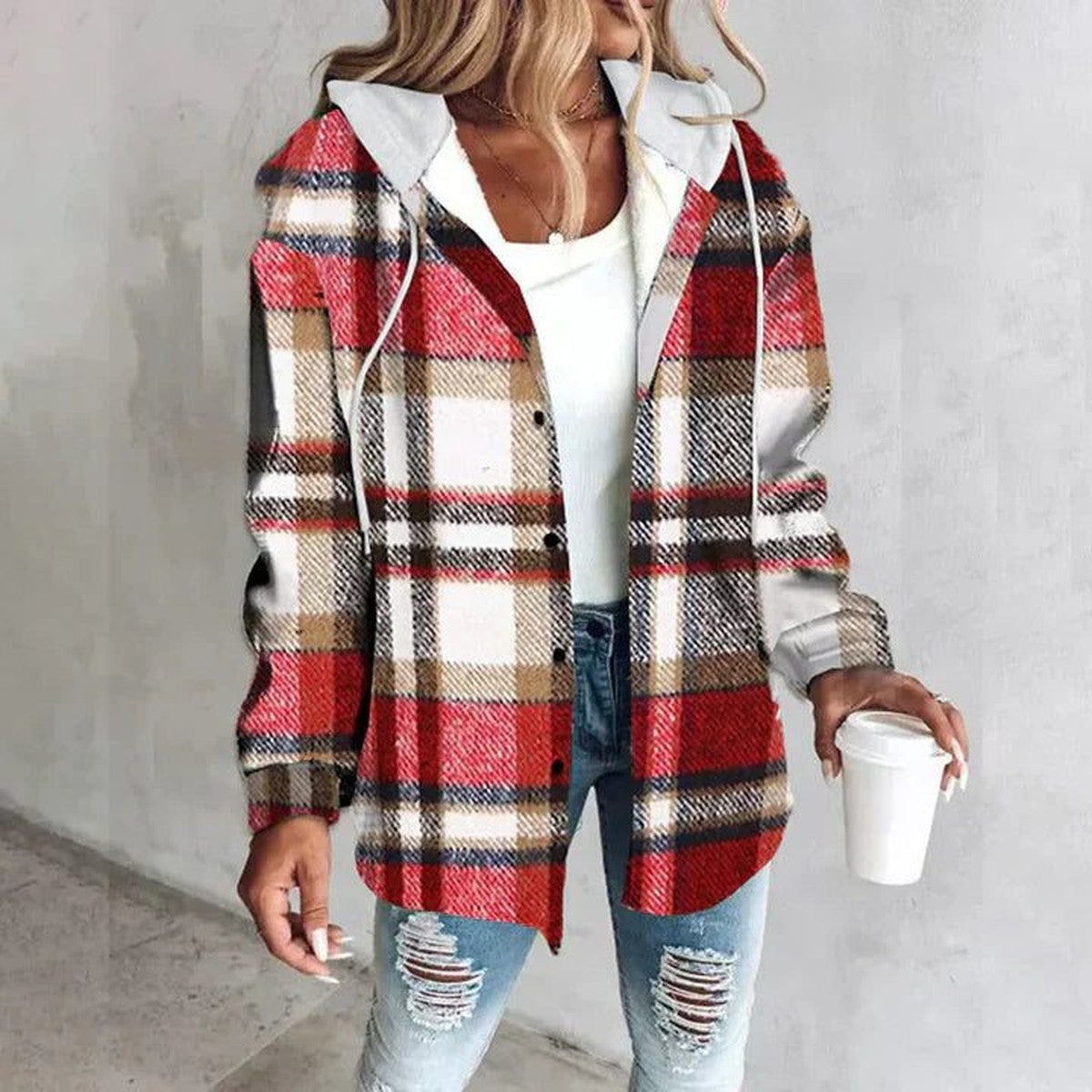 Long Sleeve Chunky Knit Cardigan Sweater with Plaid Print and Open Front