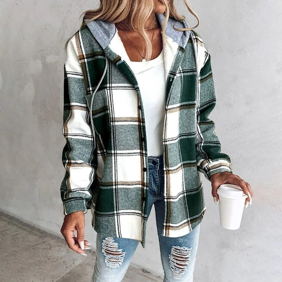 Long Sleeve Chunky Knit Cardigan Sweater with Plaid Print and Open Front