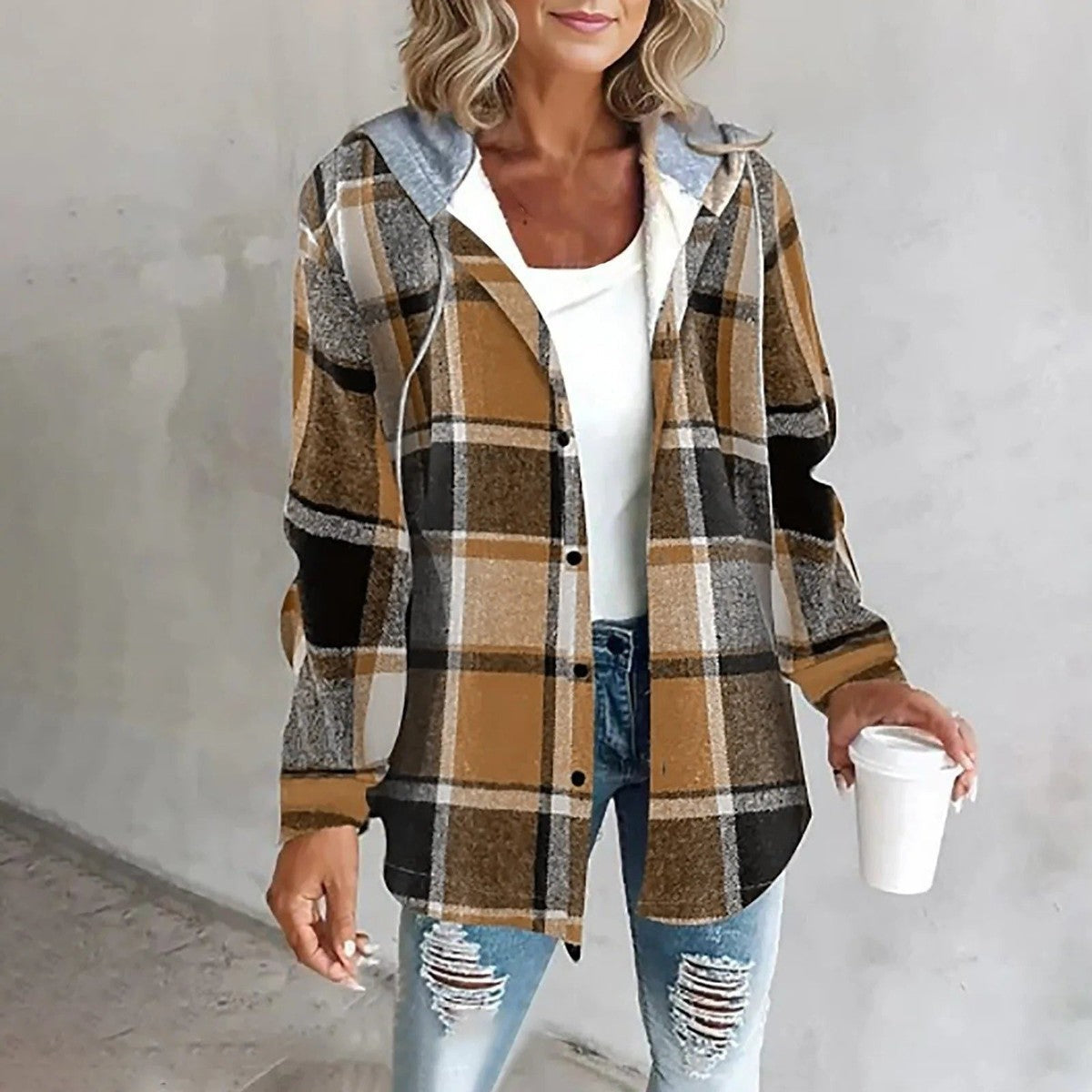 Long Sleeve Chunky Knit Cardigan Sweater with Plaid Print and Open Front