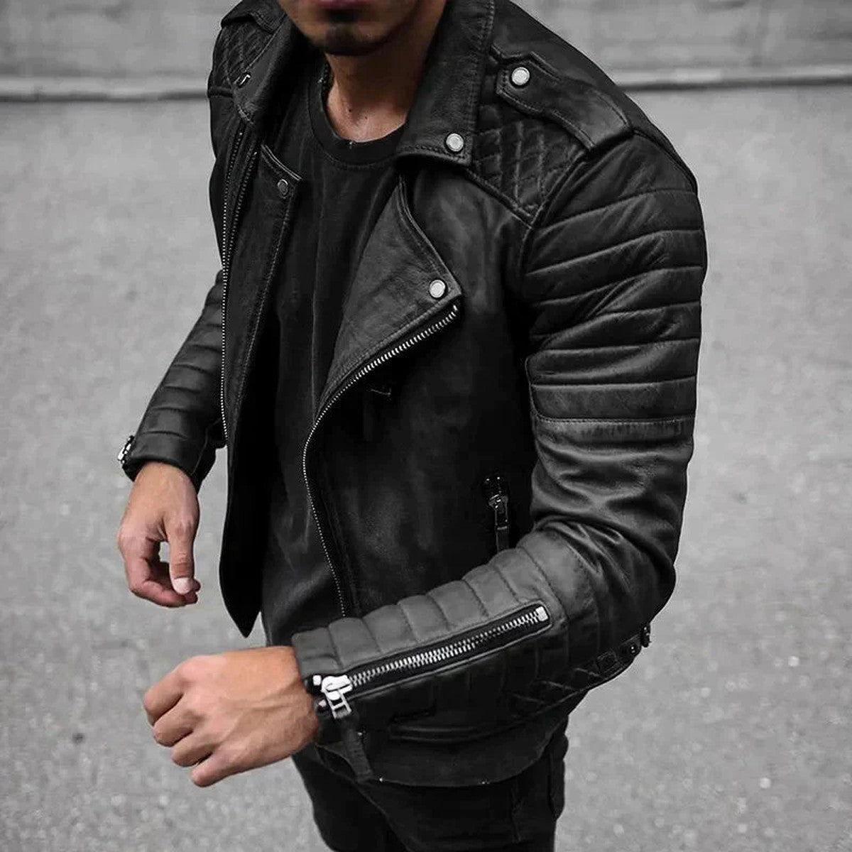 Men Classic Faux Leather Motorcycle Jacket with Stand Collar and Zipper Pockets