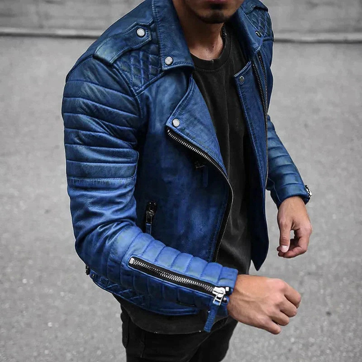 Men Classic Faux Leather Motorcycle Jacket with Stand Collar and Zipper Pockets