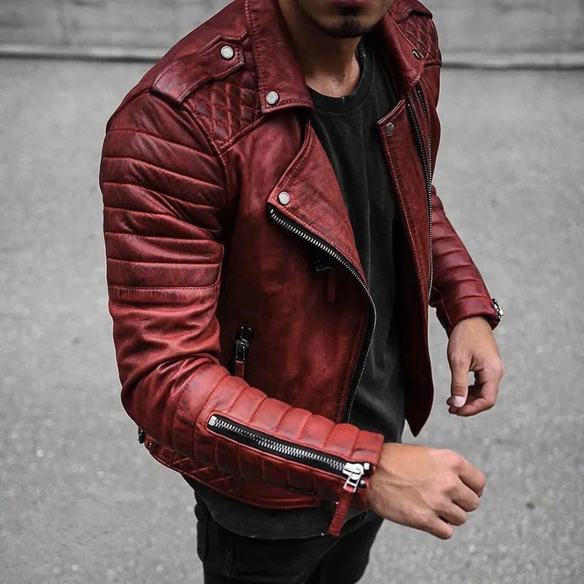 Men Classic Faux Leather Motorcycle Jacket with Stand Collar and Zipper Pockets