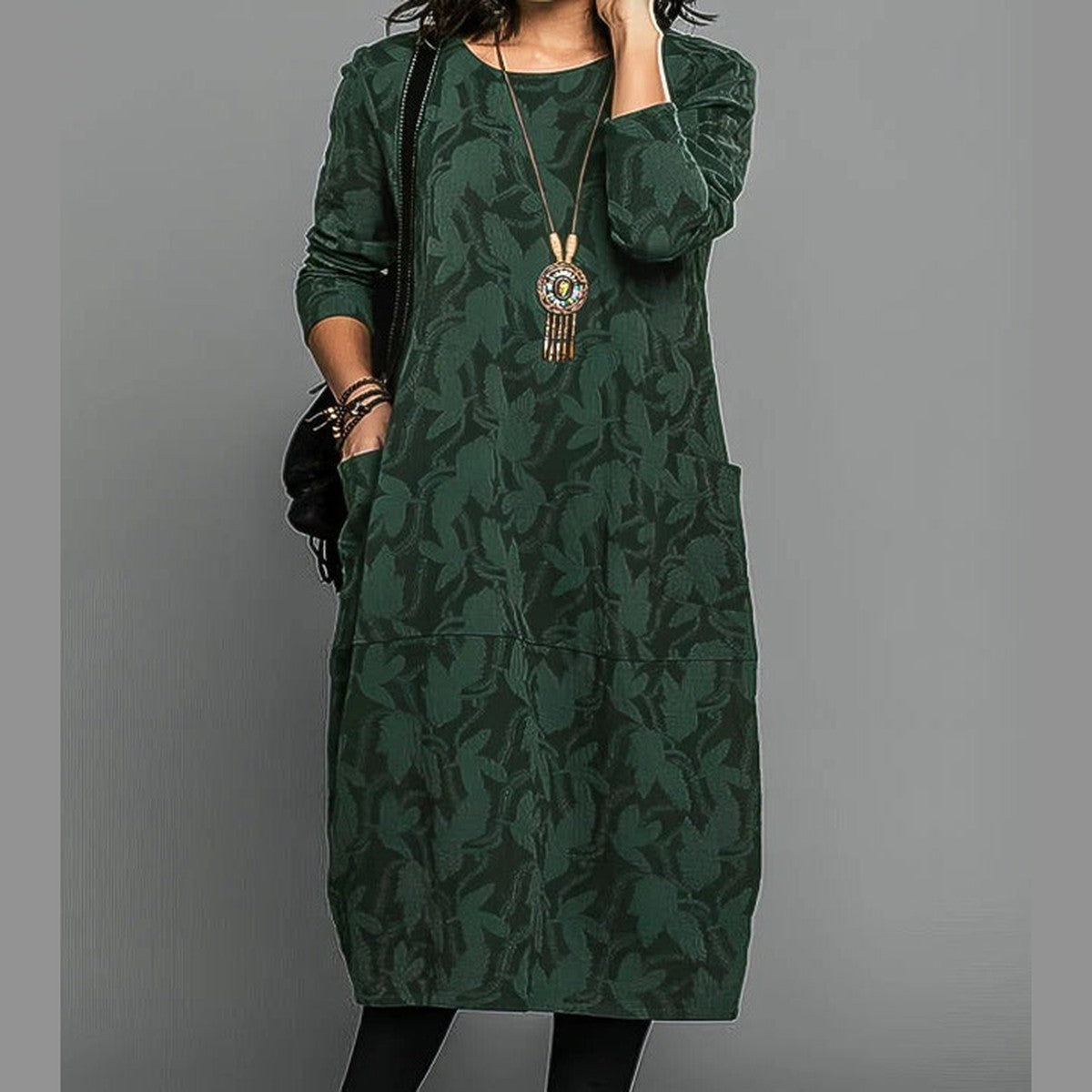 Long Sleeve Casual Midi Dress with Button Front and Side Pockets