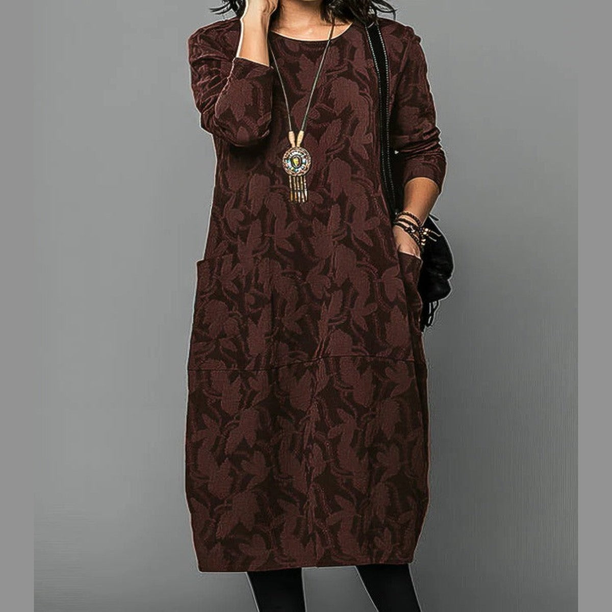 Long Sleeve Casual Midi Dress with Button Front and Side Pockets