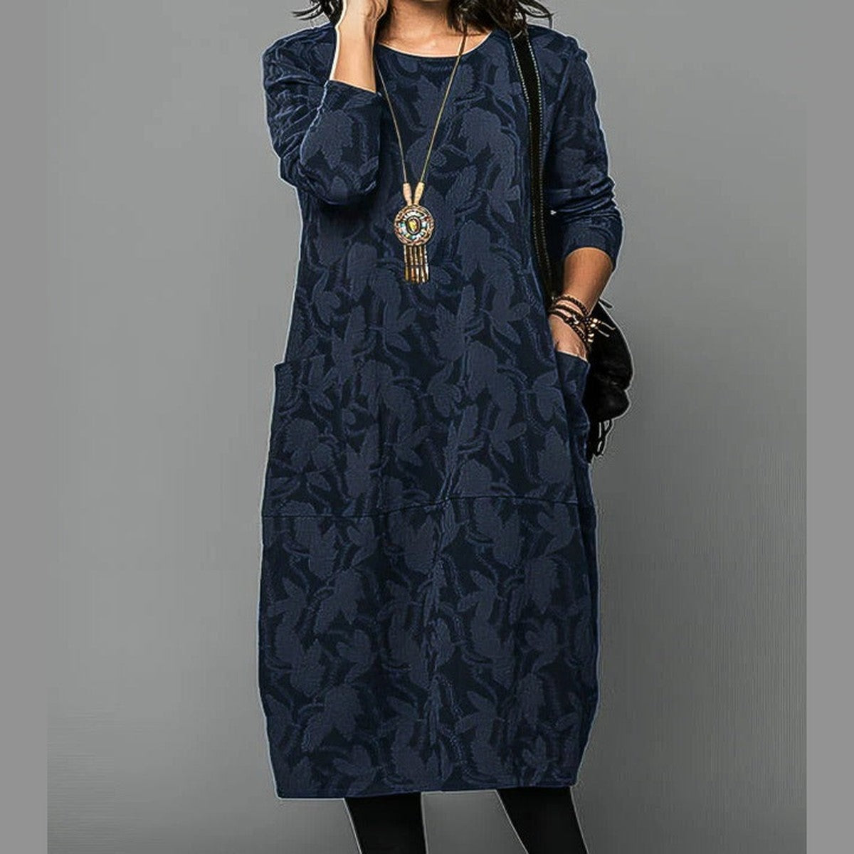 Long Sleeve Casual Midi Dress with Button Front and Side Pockets