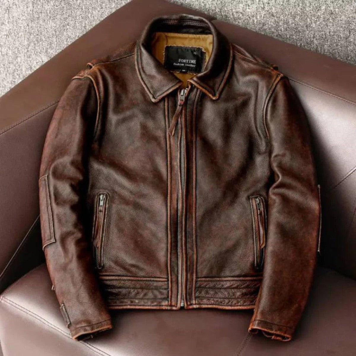 Vintage Brown Faux Leather Bomber Jacket with Ribbed Trim and Zip Front