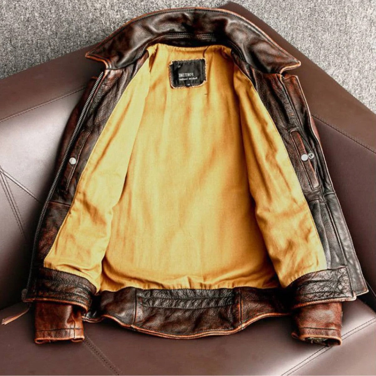 Vintage Brown Faux Leather Bomber Jacket with Ribbed Trim and Zip Front