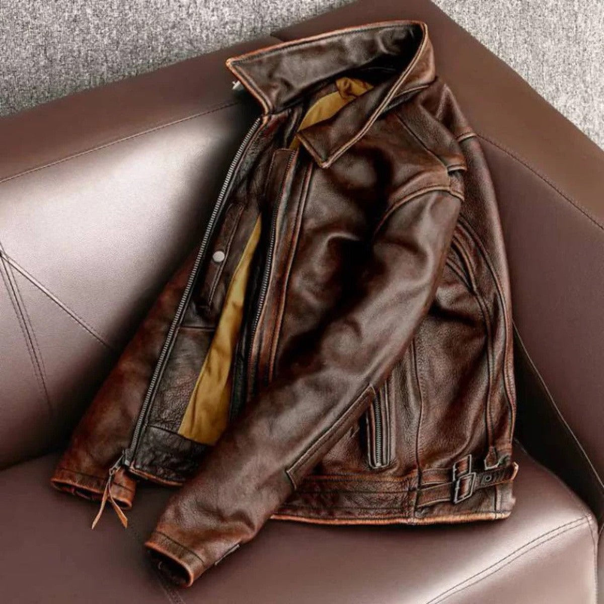 Vintage Brown Faux Leather Bomber Jacket with Ribbed Trim and Zip Front