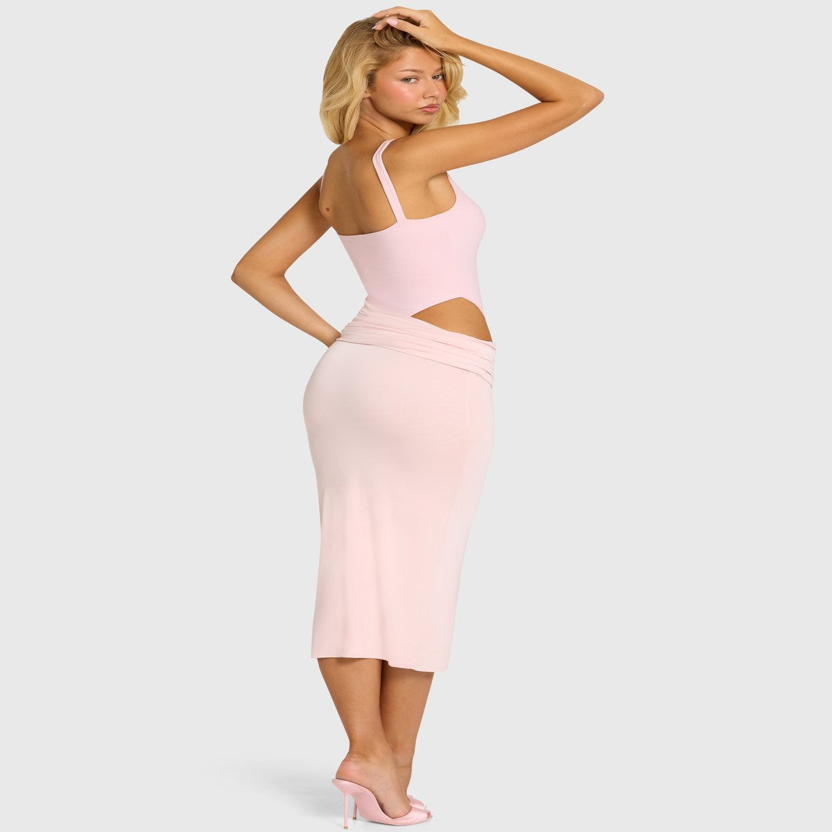 One Shoulder Bodycon Midi Cocktail Dress with Draped Asymmetric Bodice in Pastel Pink