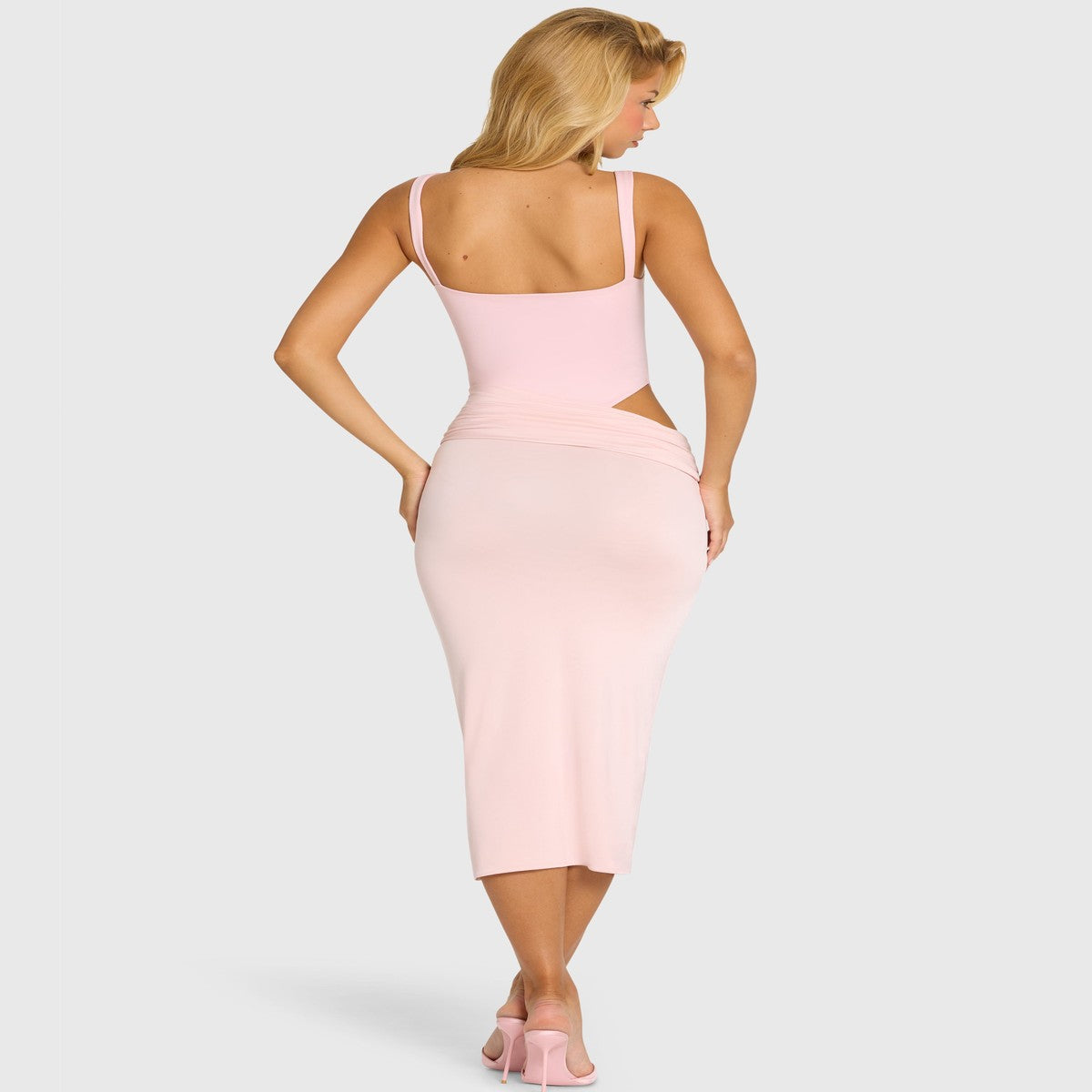 One Shoulder Bodycon Midi Cocktail Dress with Draped Asymmetric Bodice in Pastel Pink