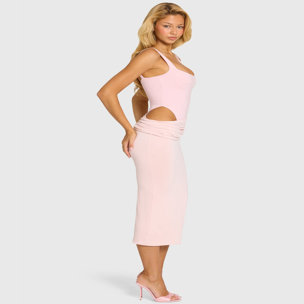 One Shoulder Bodycon Midi Cocktail Dress with Draped Asymmetric Bodice in Pastel Pink