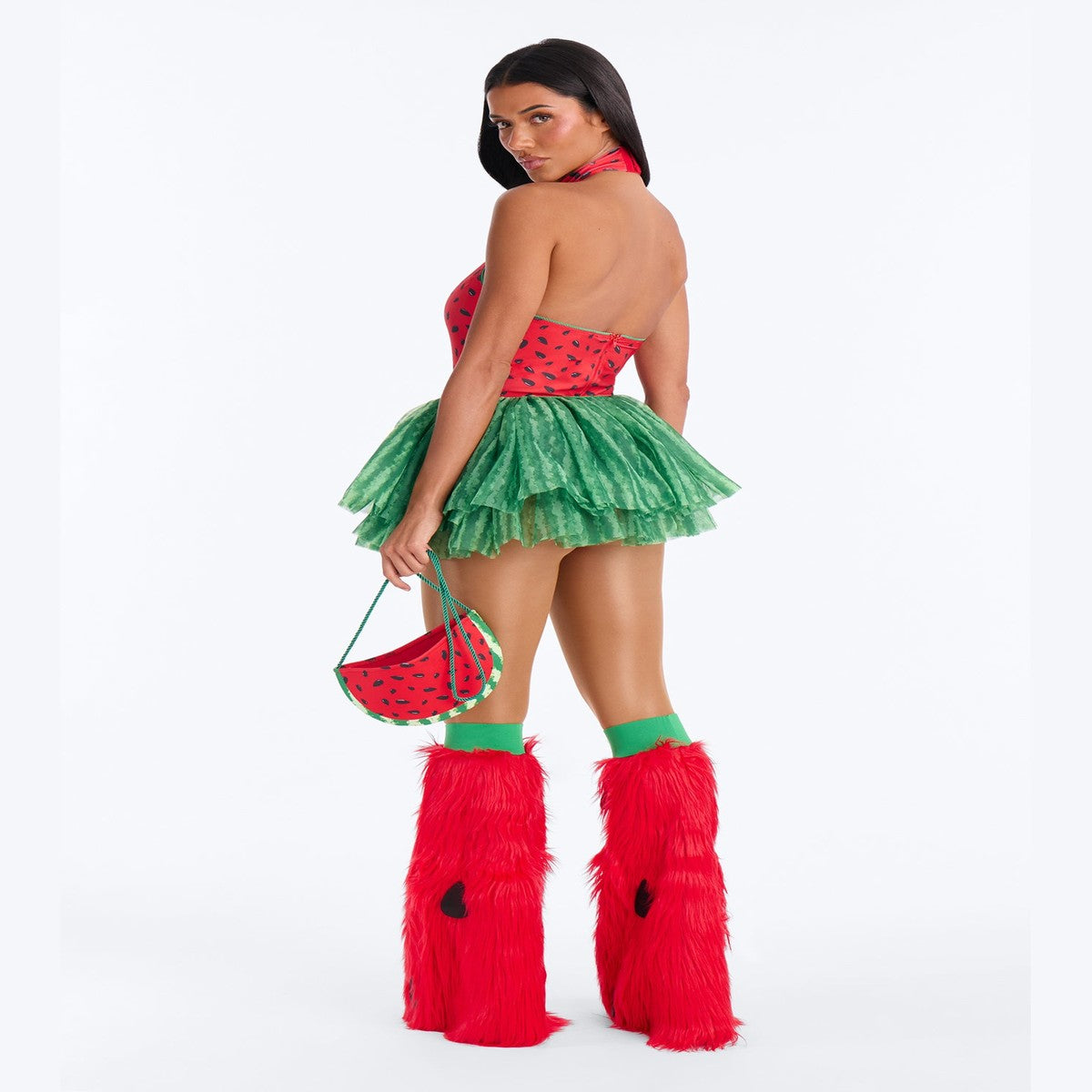 Watermelon Theme Women Halloween Costume with Striped Corset and Ruffled Skirt