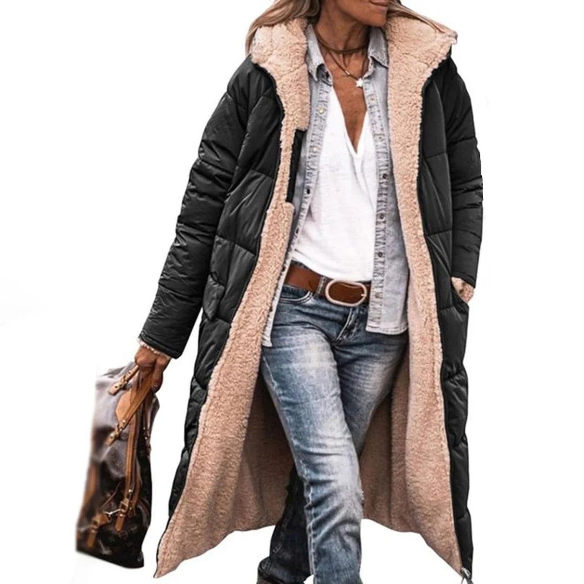 Hooded Quilted Long Parka Coat with Front Pockets and Snap Closure