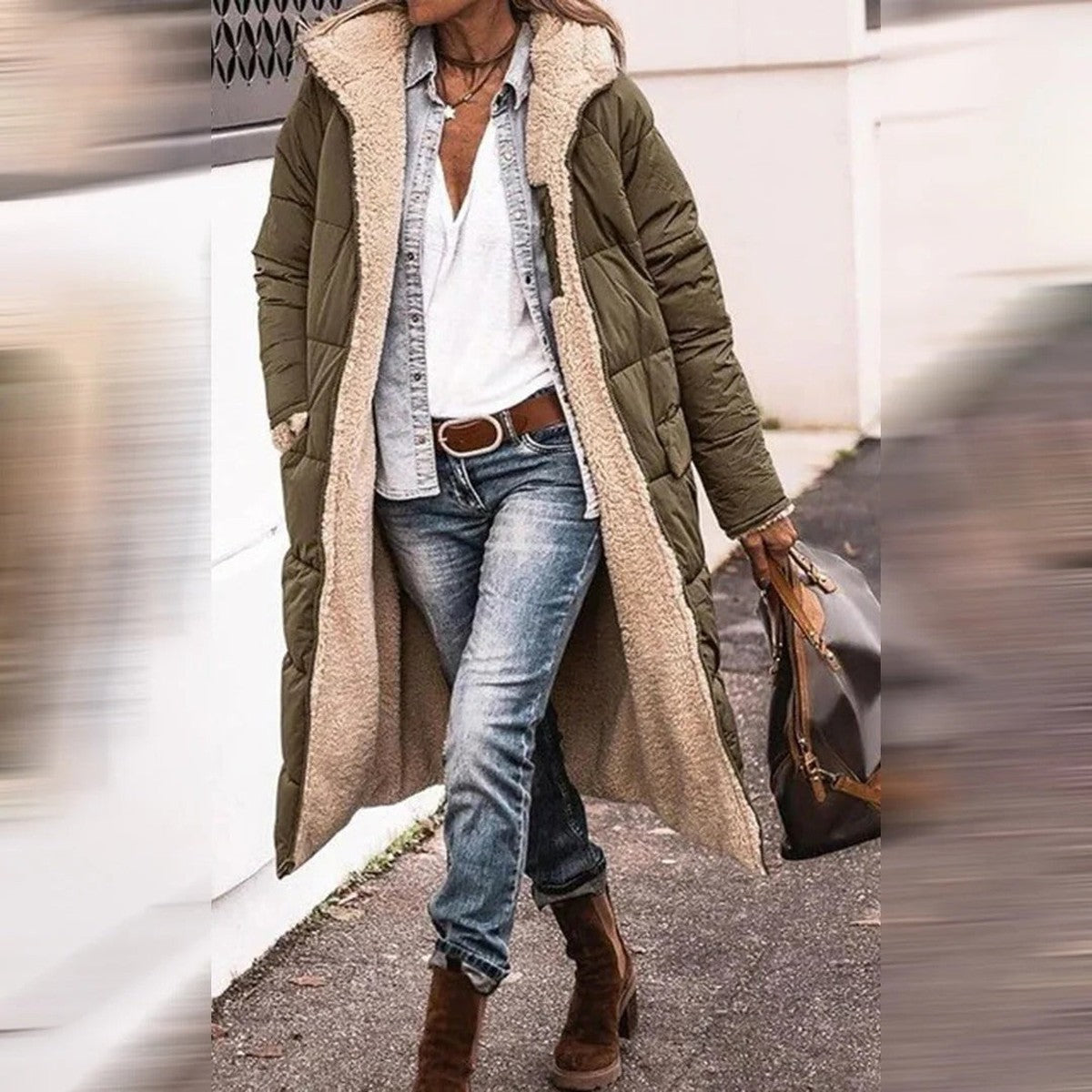 Hooded Quilted Long Parka Coat with Front Pockets and Snap Closure