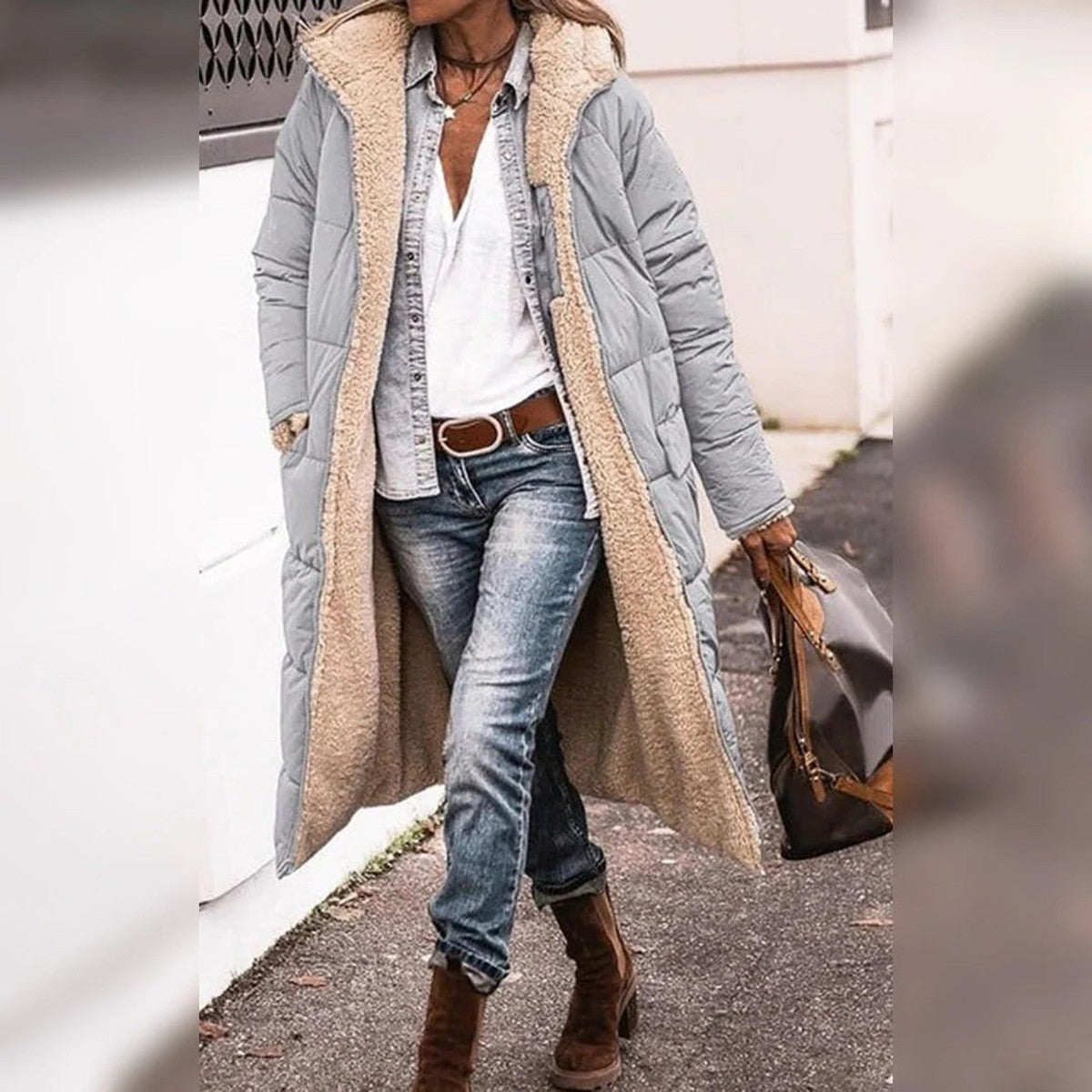Hooded Quilted Long Parka Coat with Front Pockets and Snap Closure